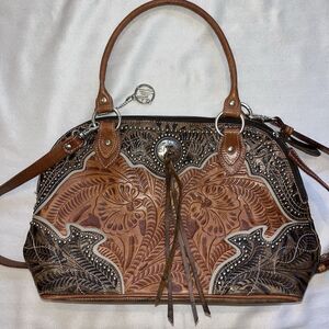 American West Country Western Hand Tooled Leather Purse Satchel Shoulder Bag‎